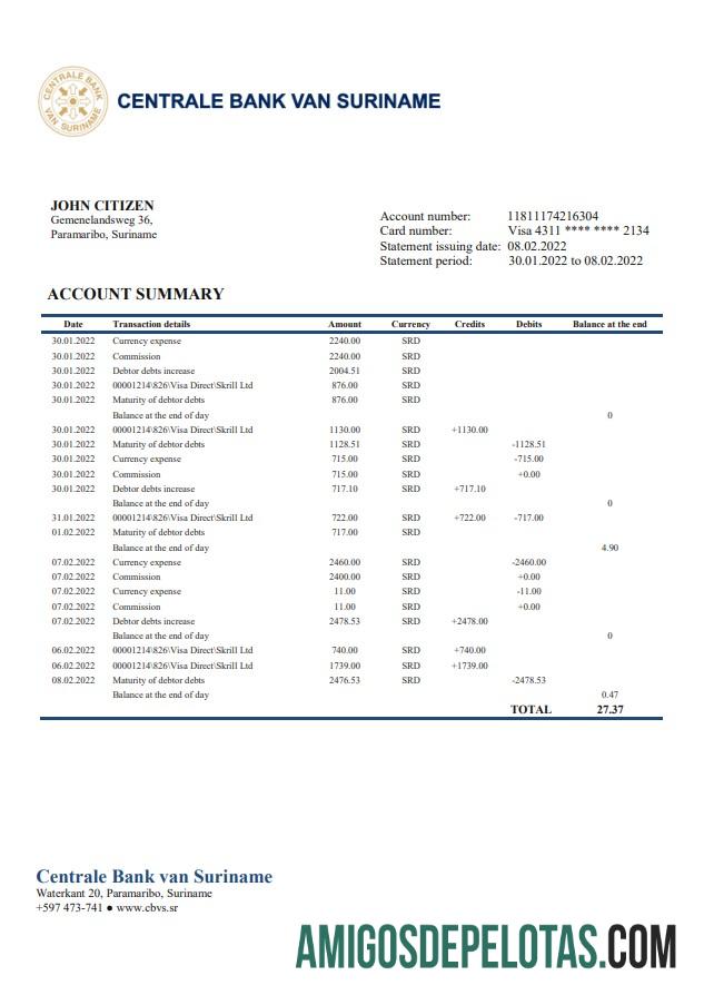 Modelo de extrato bancário para impressão do Suriname Centrale Bank Van Suriname em formato Word e PDF